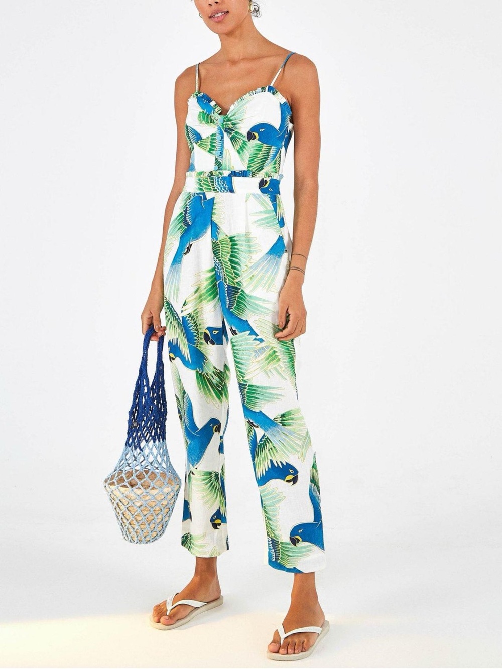 Tropical Parrot Print Wide-Leg Jumpsuit in White & Blue